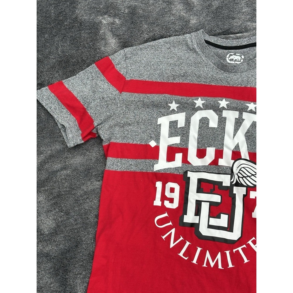 Ecko Unltd Mens Graphic T-Shirt Red Gray Striped FU Logo Y2K Streetwear 1972 - Picture 3 of 13